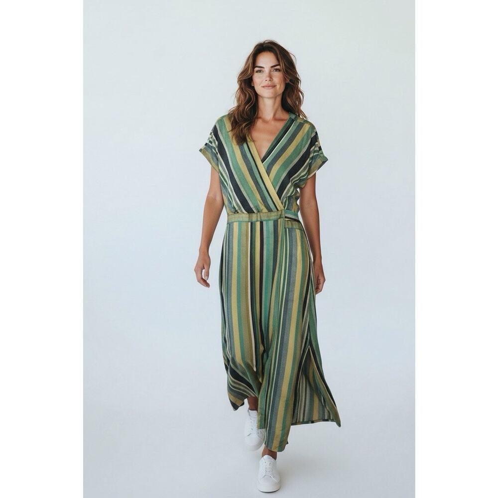 Liverpool Los Angeles Teal Multi Stripe Wrap Midi Dress With Pockets L